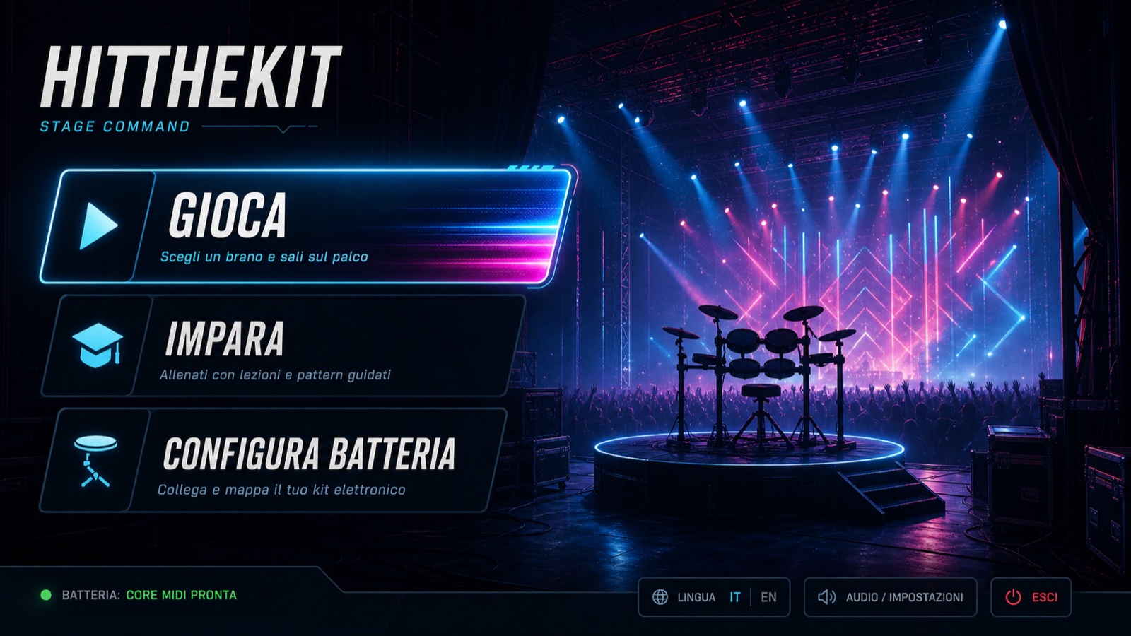 Schermata Stage Command di HitTheKit su un palco neon
